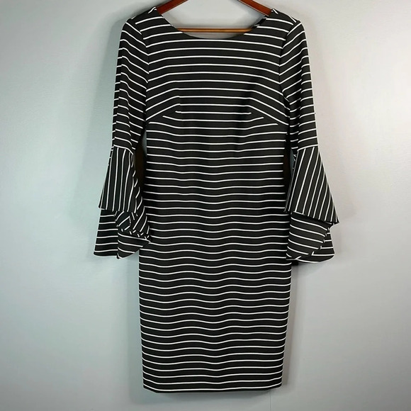 CALVIN KLEIN Striped Midi Dress Black White Ruffled Bell Sleeves Size 10 - Picture 12 of 12